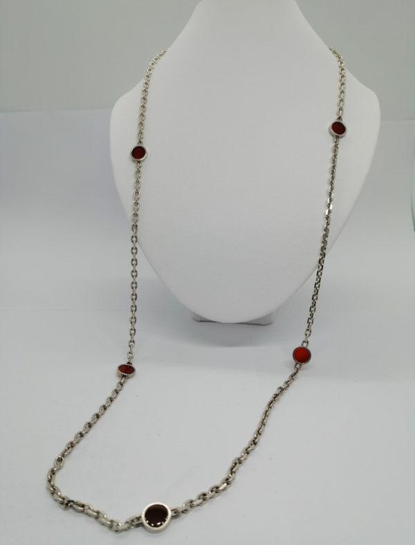 Collier argent, vintage, grosse maille forçat et maillons avec cornaline, 1970-80.