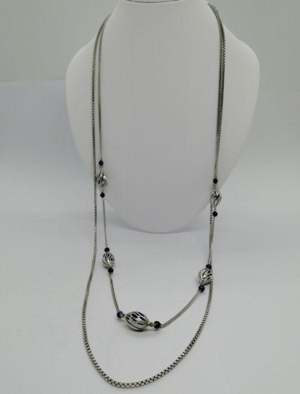 Collier argent , vintage, double rang avec lapis-lazuli et émaillé bleu, 1960-70.