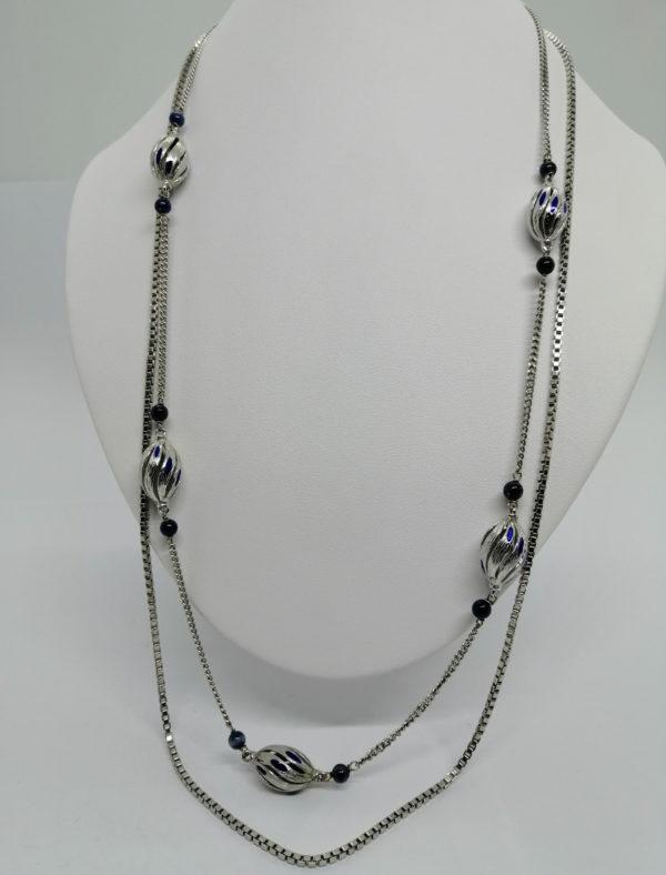 Collier argent , vintage, double rang avec lapis-lazuli et émaillé bleu, 1960-70. – Image 2