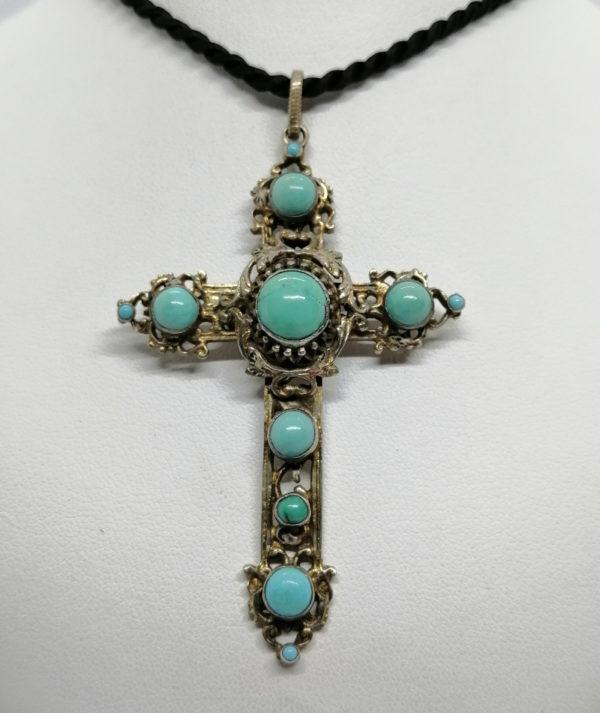 Pendentif argent, vermeil, croix sertie de turquoise, fin 19ième siècle.