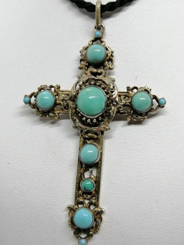 Pendentif argent, vermeil, croix sertie de turquoise, fin 19ième siècle. – Image 2