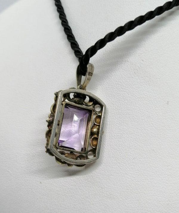Pendentif argent, motif floral, et améthyste au centre, Art Nouveau. – Image 3