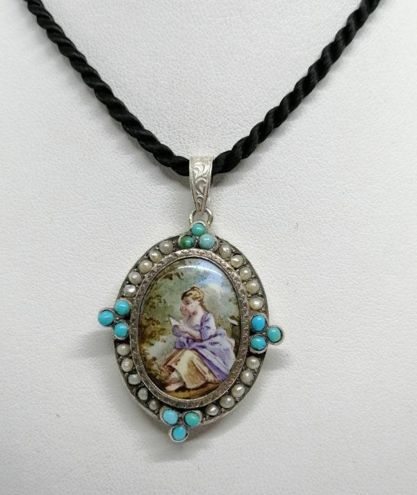 Pendentif argent, vermeil, avec miniature émaillée, sertie de perles fines et turquoises,1860-80.