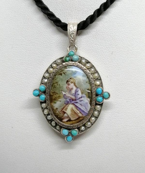 Pendentif argent, vermeil, avec miniature émaillée, sertie de perles fines et turquoises,1860-80. – Image 3