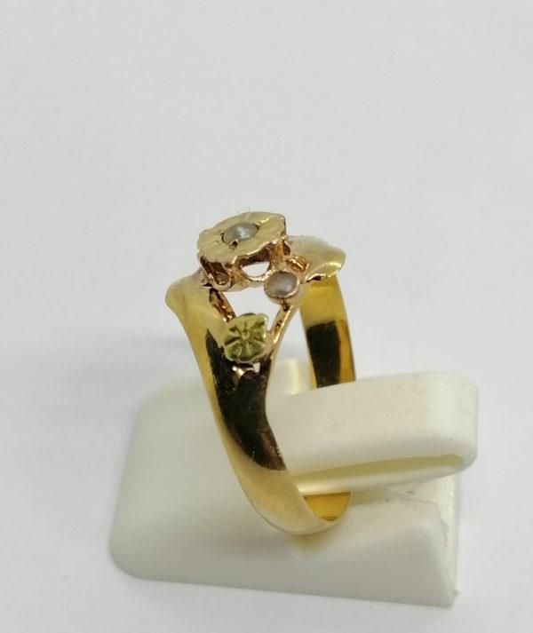 Bague en or rose et vert, fleurette avec perles fine, Art Nouveau. – Image 2