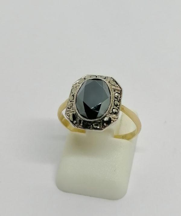 Bague or/argent, hématite ovale et forme octogonale, entourage marcasites, Art Déco.