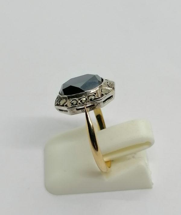 Bague or/argent, hématite ovale et forme octogonale, entourage marcasites, Art Déco. – Image 2