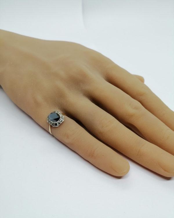 Bague or/argent, hématite ovale et forme octogonale, entourage marcasites, Art Déco. – Image 5