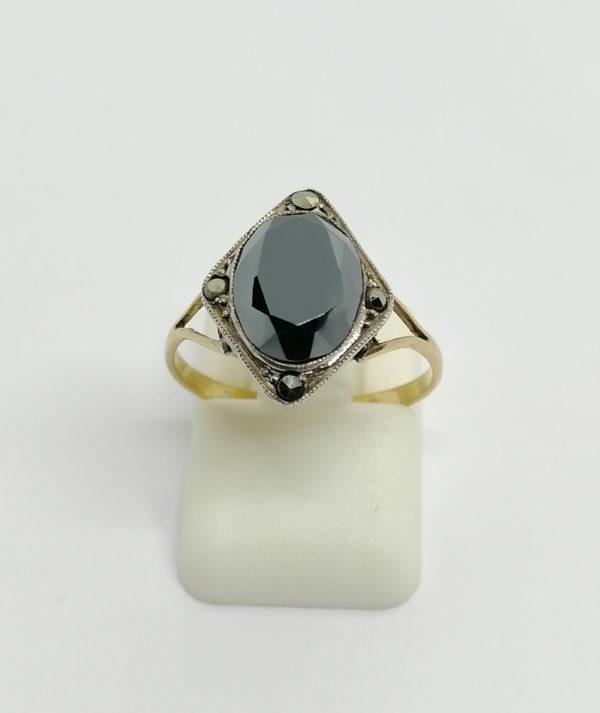 Bague or/argent, hématite et marcasites, Art Déco, vers 1925.