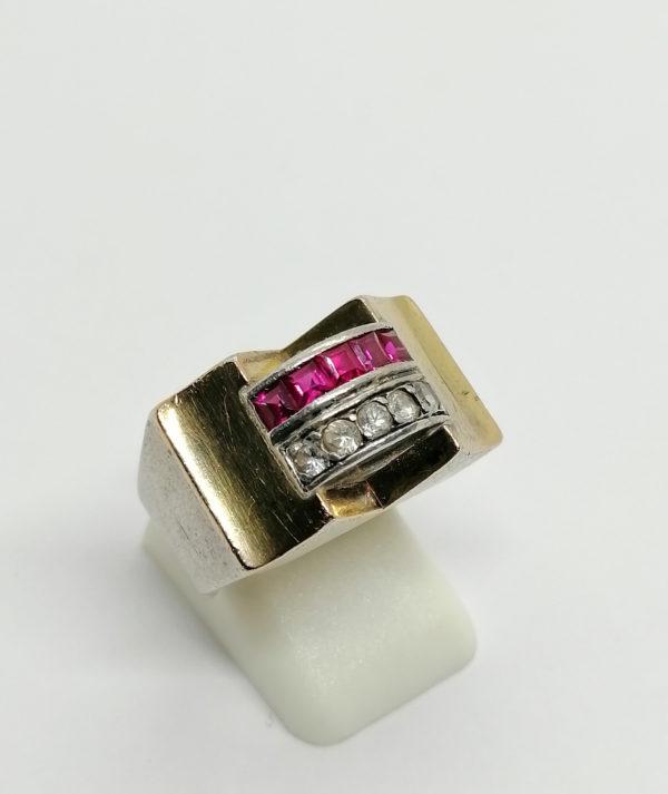 Bague argent/or, modèle avec pierres blanches et rubis de synthèse, Français Art Déco. – Image 2