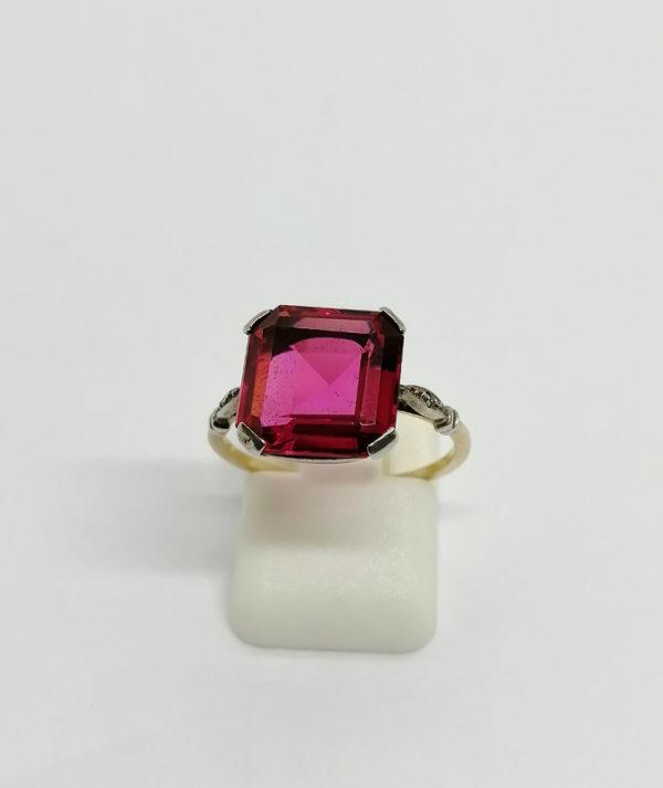 Bague argent et or, pierre rouge de synthèse, Français Art Déco.
