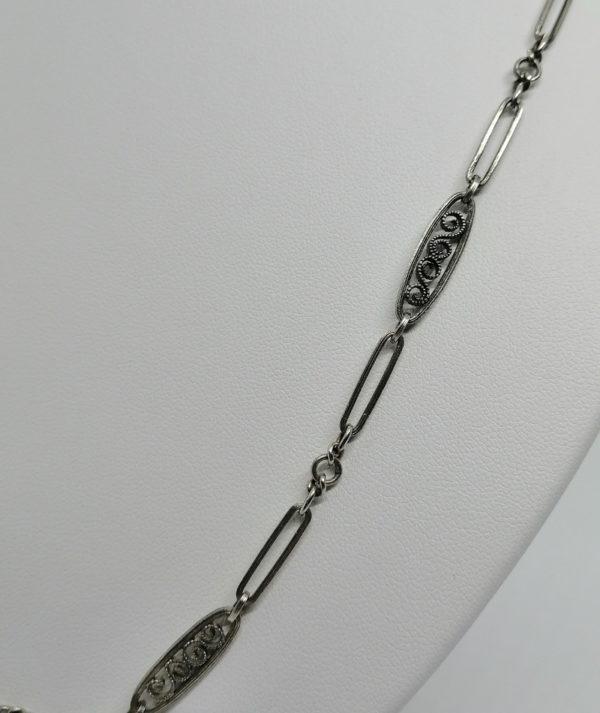 Collier argent, modèle maillon long ajouré, alterné de maillons forme olive filigrané. – Image 2