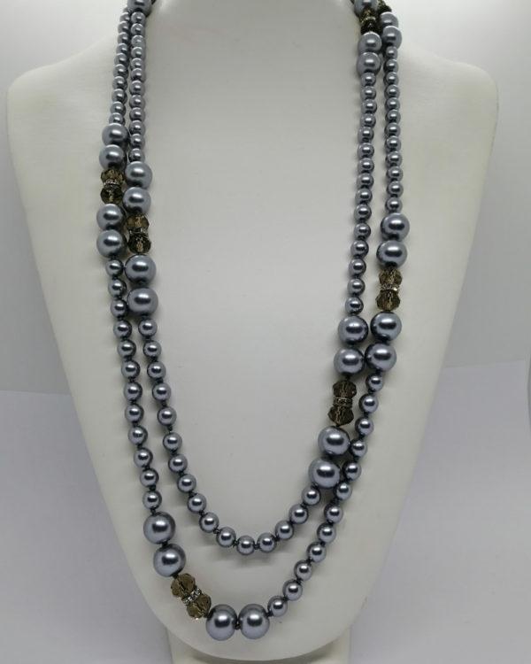 Sautoir, perles grises, et verre taillé en facette, rang strass, 1930-40.