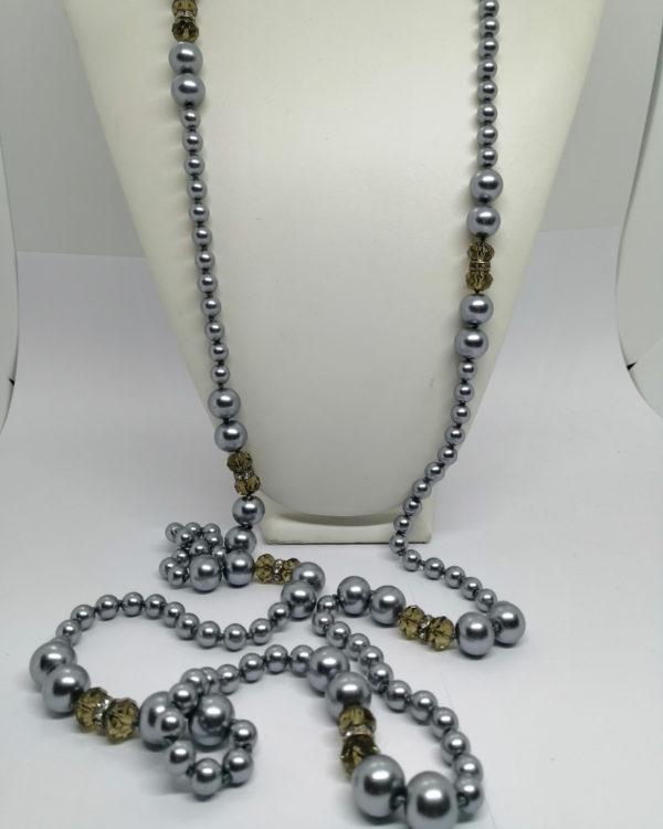 Sautoir, perles grises, et verre taillé en facette, rang strass, 1930-40. – Image 2