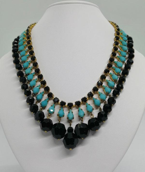 Collier ancien, pâte de verre noir et couleur turquoise, 1925, Art Déco.
