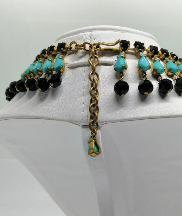 Collier ancien, pâte de verre noir et couleur turquoise, 1925, Art Déco. – Image 4