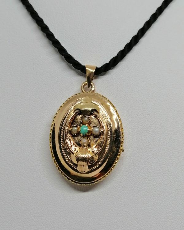 Pendentif/cassolette en or rosé, de forme ovale, perles fines et turquoise, 1900, Art Nouveau. – Image 2
