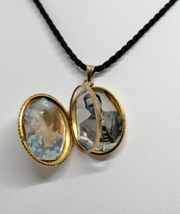 Pendentif/cassolette en or rosé, de forme ovale, perles fines et turquoise, 1900, Art Nouveau. – Image 5