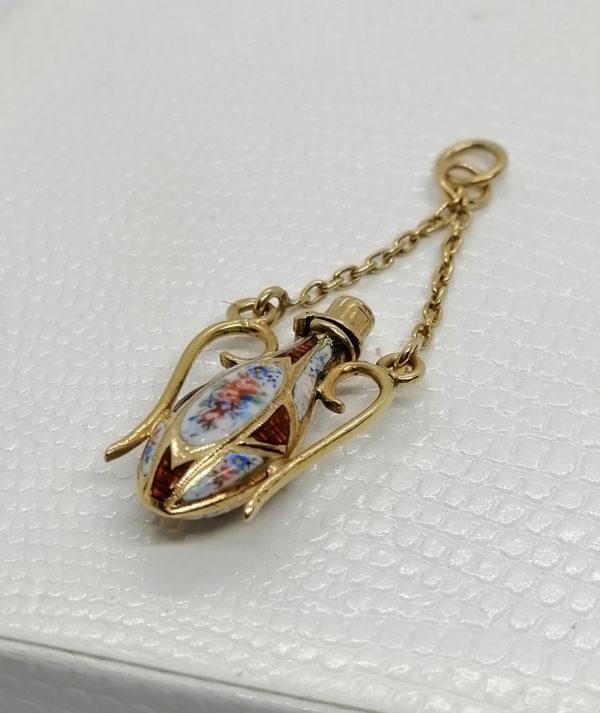 Pendentif en or, flacon miniature peint et émail guilloché, fin Napoléon III.