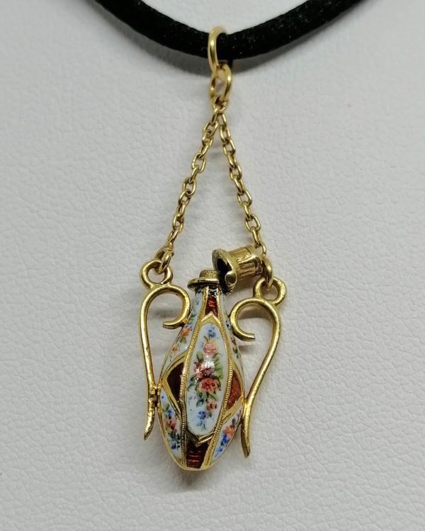 Pendentif en or, flacon miniature peint et émail guilloché, fin Napoléon III. – Image 6