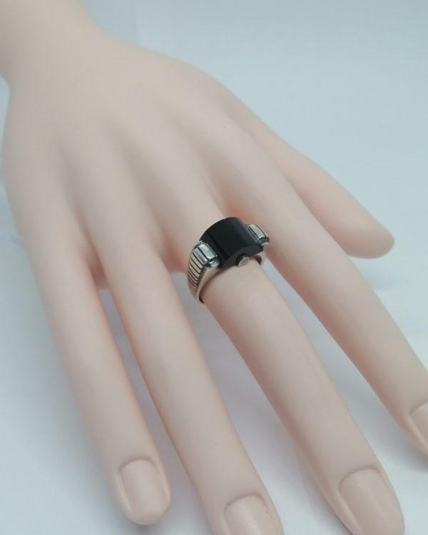 Bague argent, monture et onyx structuré et taillé sur mesure, Art Déco. – Image 5