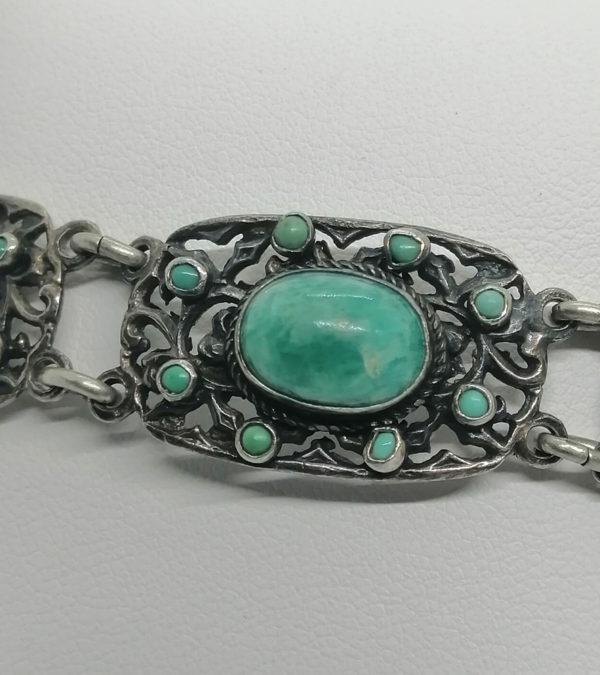 Bracelet argent, maillons ajourés avec cabochons d'aventurines et turquoises,1920. – Image 3