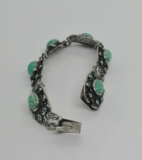 Bracelet argent, maillons ajourés avec cabochons d'aventurines et turquoises,1920. – Image 5