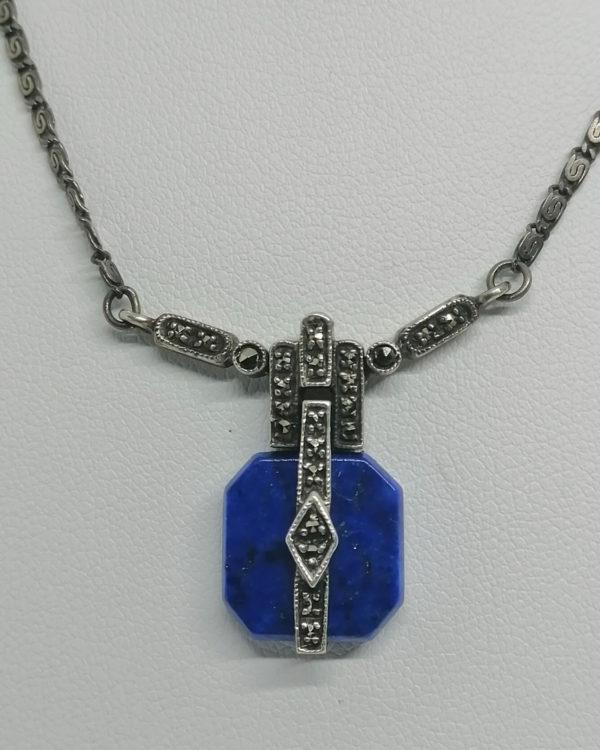 Collier argent, pavage marcasites et lapis-lazuli de forme géométrique, Art Déco. – Image 2