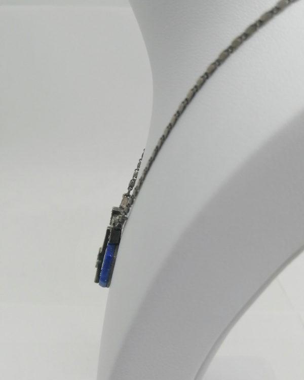 Collier argent, pavage marcasites et lapis-lazuli de forme géométrique, Art Déco. – Image 3