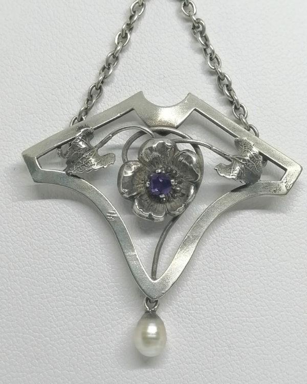 Collier argent, modèle avec fleurette, améthyste, perle fine, typique de l'Art Nouveau. – Image 2