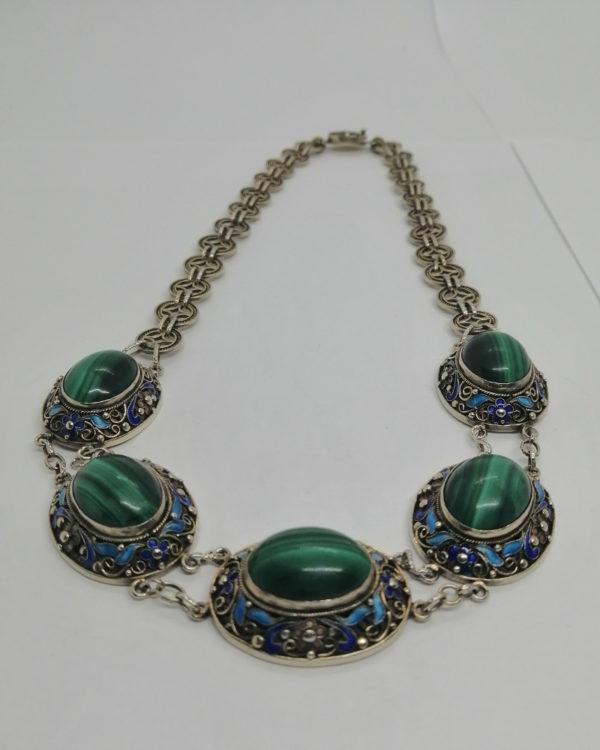 Collier argent/vermeil, totalement filigrané, émaillé et cabochons de malachite. – Image 2