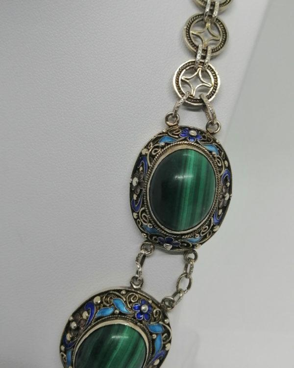 Collier argent/vermeil, totalement filigrané, émaillé et cabochons de malachite. – Image 3