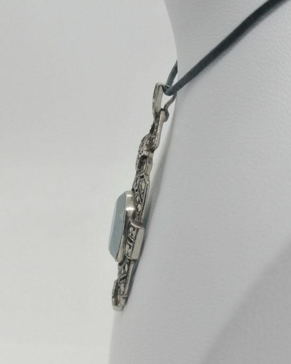Pendentif argent, long, ajouré, pavage marcasites, hématite facettée, Art Déco. – Image 3