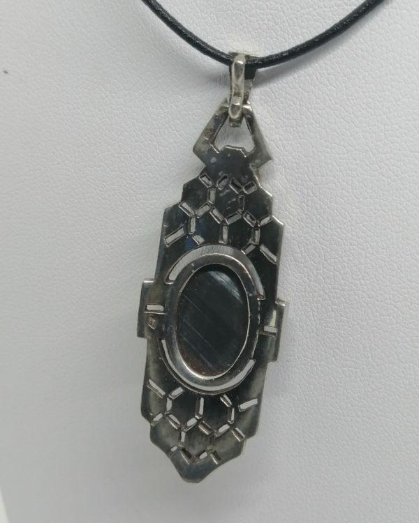 Pendentif argent, long, ajouré, pavage marcasites, hématite facettée, Art Déco. – Image 4