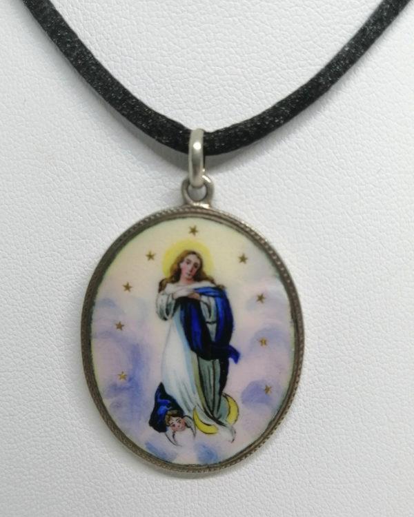 Pendentif argent, médaille religieuse de la vierge Marie totalement émaillée. – Image 2