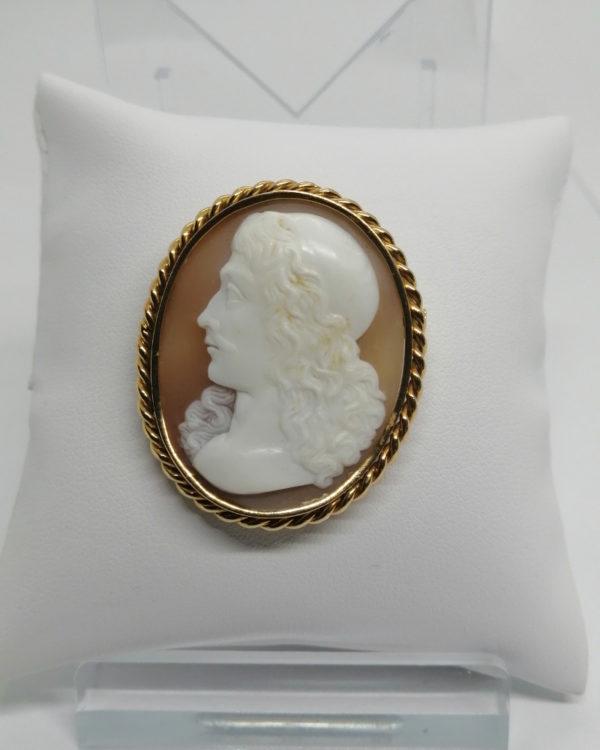 Broche/pendentif or rosé, camée coquillage portrait d'homme, vers 1900-20.