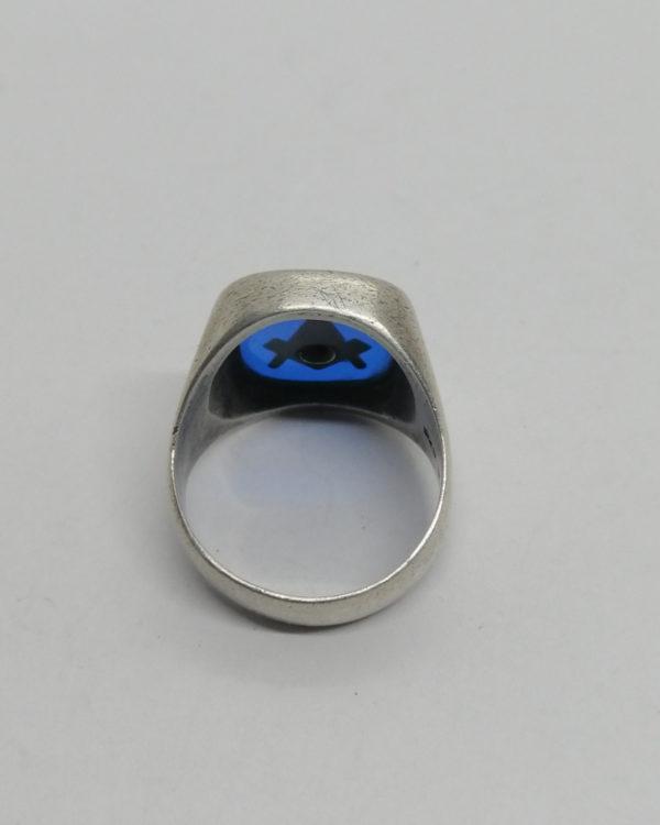Bague argent, chevalière, avec verre bleu et emblèmes de la franc-maçonnerie. – Image 3