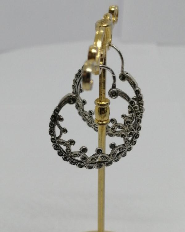 Boucles d'oreilles argent, créoles anciennes ajourées et pavage de marcasites. – Image 2