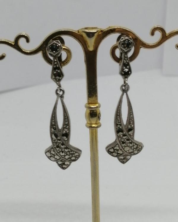 Boucles d'oreilles argent, clip pendantes pavage marcasites, 1925. – Image 2