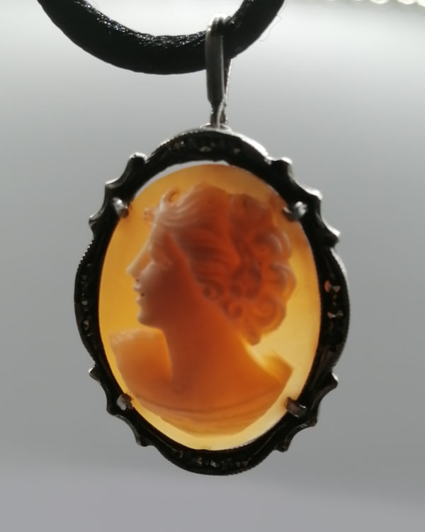 Pendentif argent marcasites, camée coquillage , portrait femme, 1930-40. – Image 4