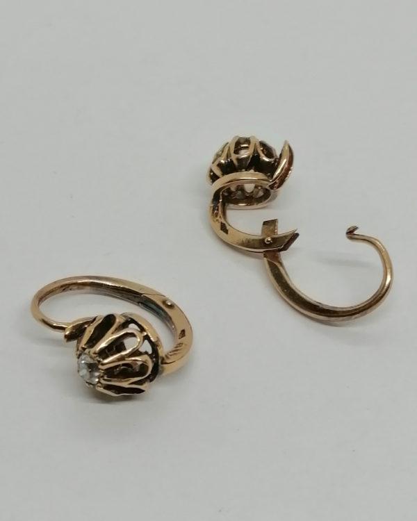 Boucles d'oreilles en or rosé, sertie couronne, diamant taille ancienne, 1900. – Image 4