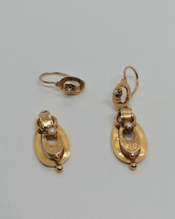 Boucles d'oreilles en or rosé, pendantes avec demi-perles fines, vers 1870. – Image 5