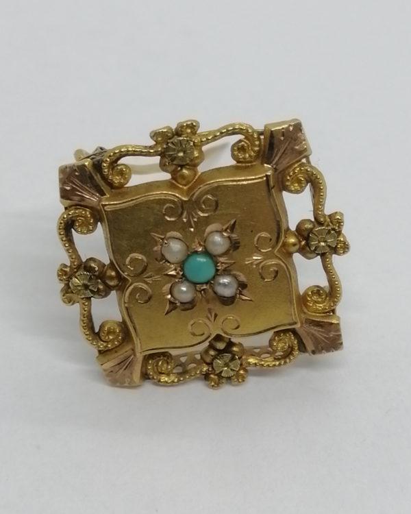 Broche en or jaune et rosé, demi-perles fines et turquoise, vers 1880. – Image 2