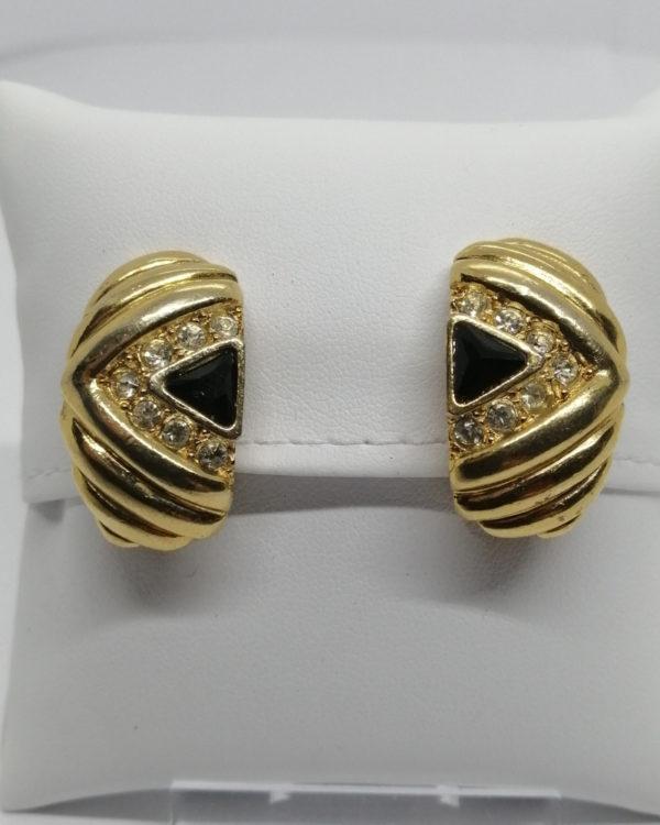 Boucles d'oreilles clip laiton, pierre blanche et noir facetté.