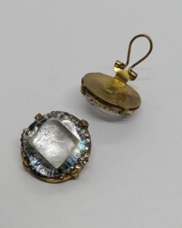 Boucles d'oreilles clip, cabochon de verre sur fond argenté. – Image 3