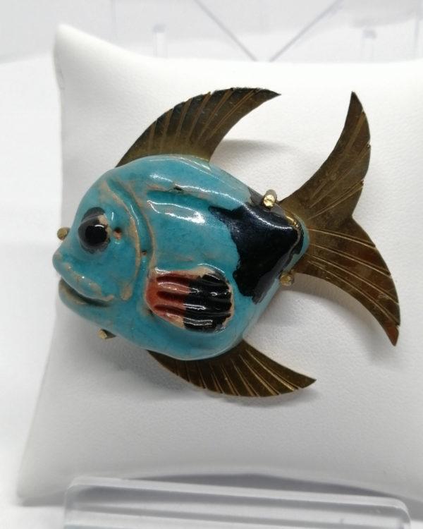 Broche poisson en céramique, et monture en laiton, originale, 1940-50.