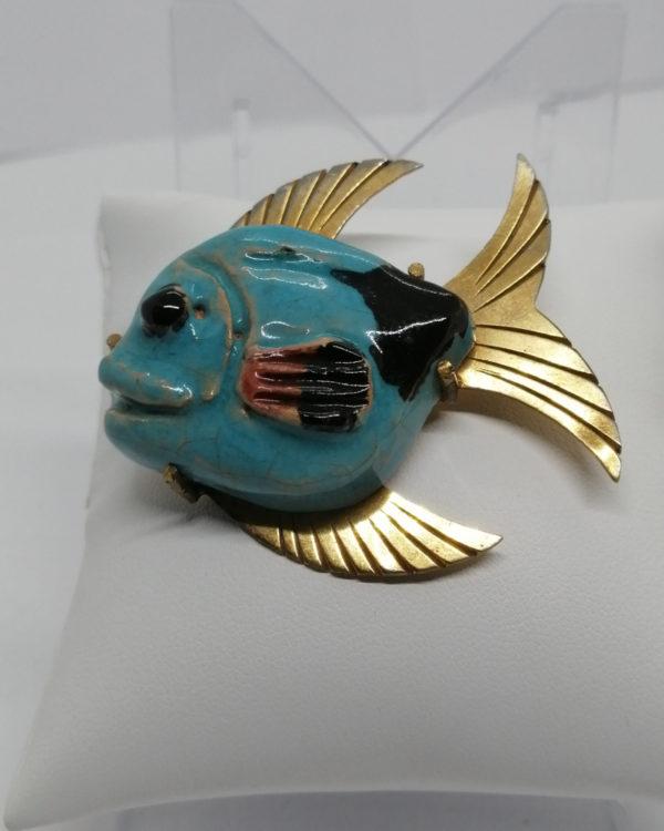 Broche poisson en céramique, et monture en laiton, originale, 1940-50. – Image 2