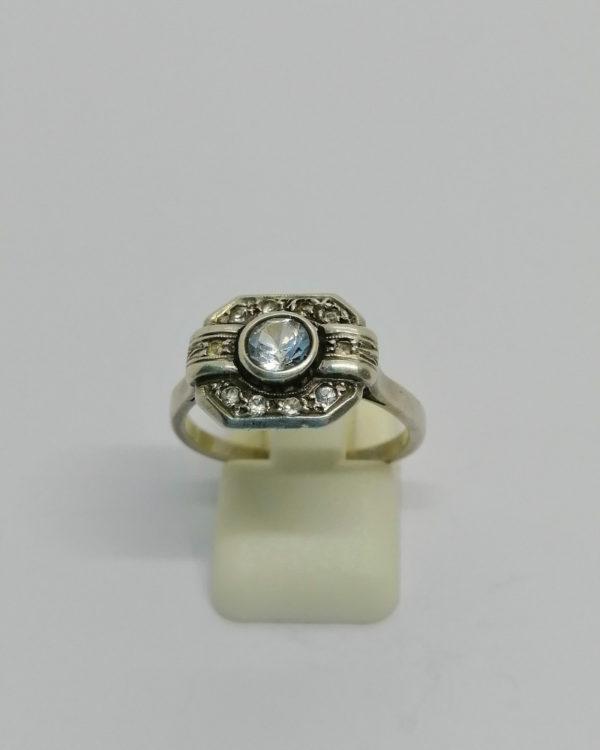 Bague argent, de forme géométrique, pavage de saphir blanc, Art Déco.
