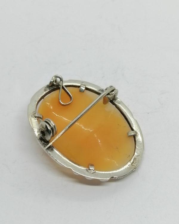 Broche/pendentif argent, entourage marcasites et camée portrait femme au long cheveux, vers 1940-60. – Image 3