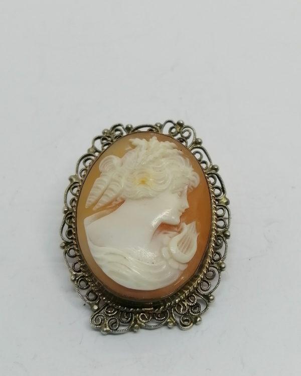 Broche/pendentif argent vermeil, camée, portrait femme à la lyre, vers 1920-30.